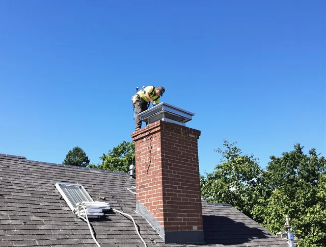 Norton Chimney Sweep technician measuring a chimney cap in Norton, OH