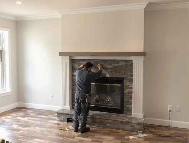 Norton Chimney Sweep finishing a custom fireplace install in Norton, OH